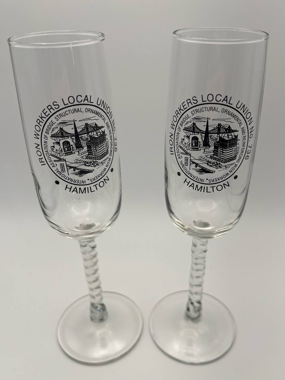 🇨🇦🛠️ VTG Hamilton Iron Workers Local Union 736 Champagne Flutes - Set of 2